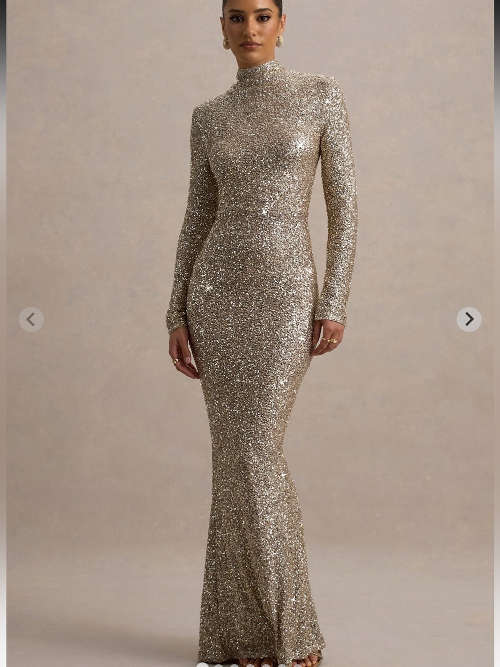 GALAXY Champagne Sequin High Neck Long Sleeve Maxi Dress - US 14